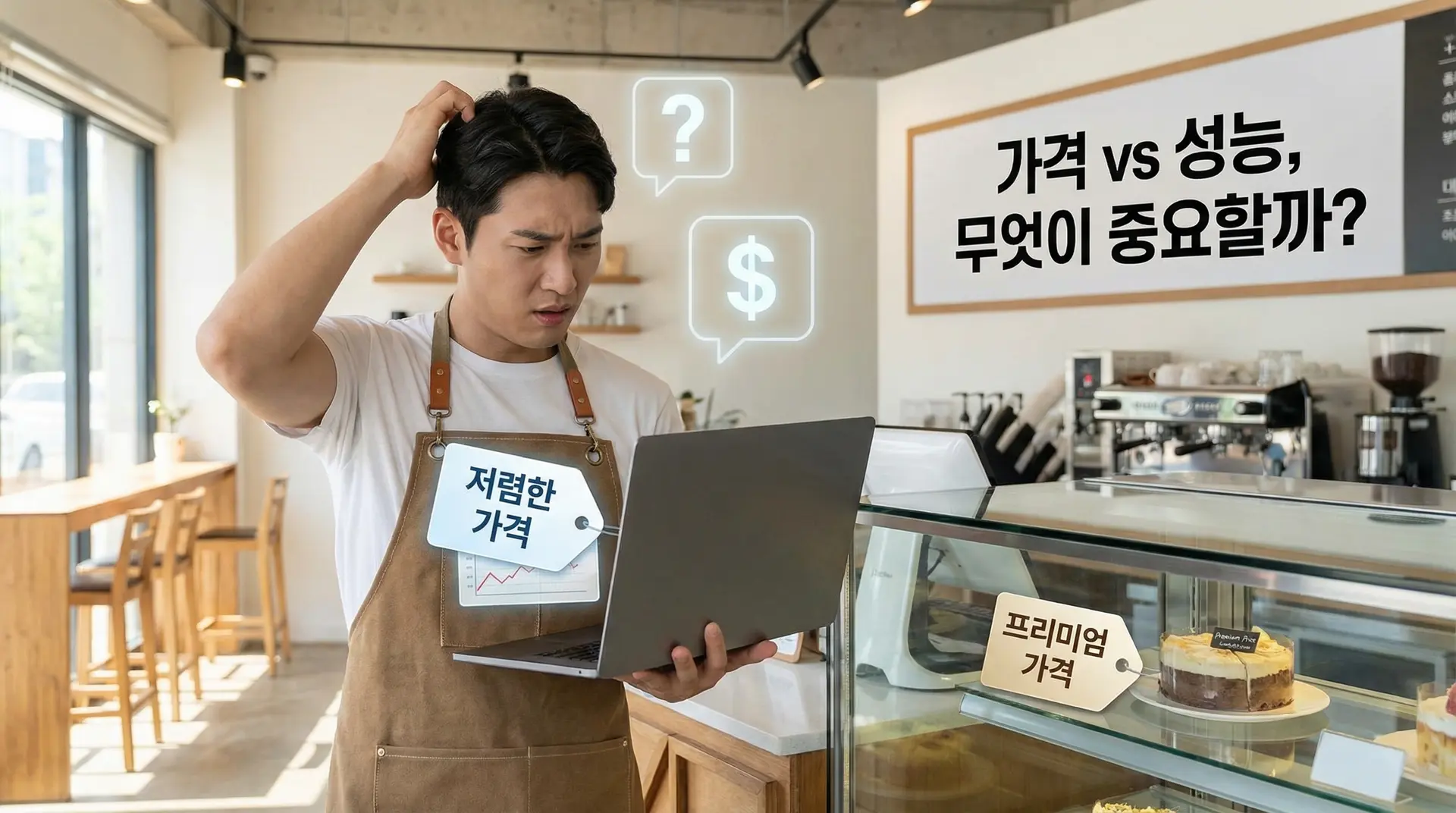 냉동케이스의 가격과 성능 사이에서 고민하는 모습