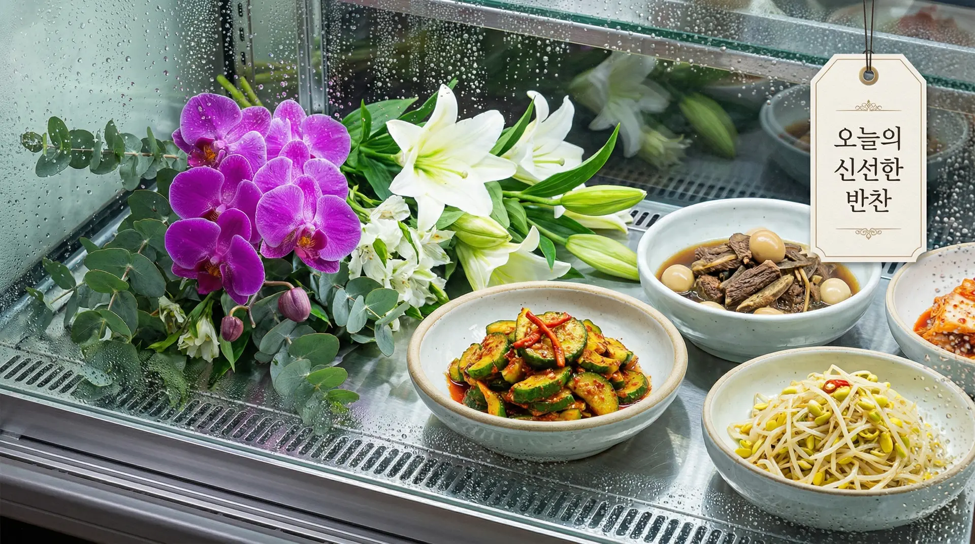 쇼케이스 내부의 꽃과 반찬들이 마치 방금 딴 것처럼 이슬이 맺혀 있고 신선하게 반짝이는 클로즈업 샷