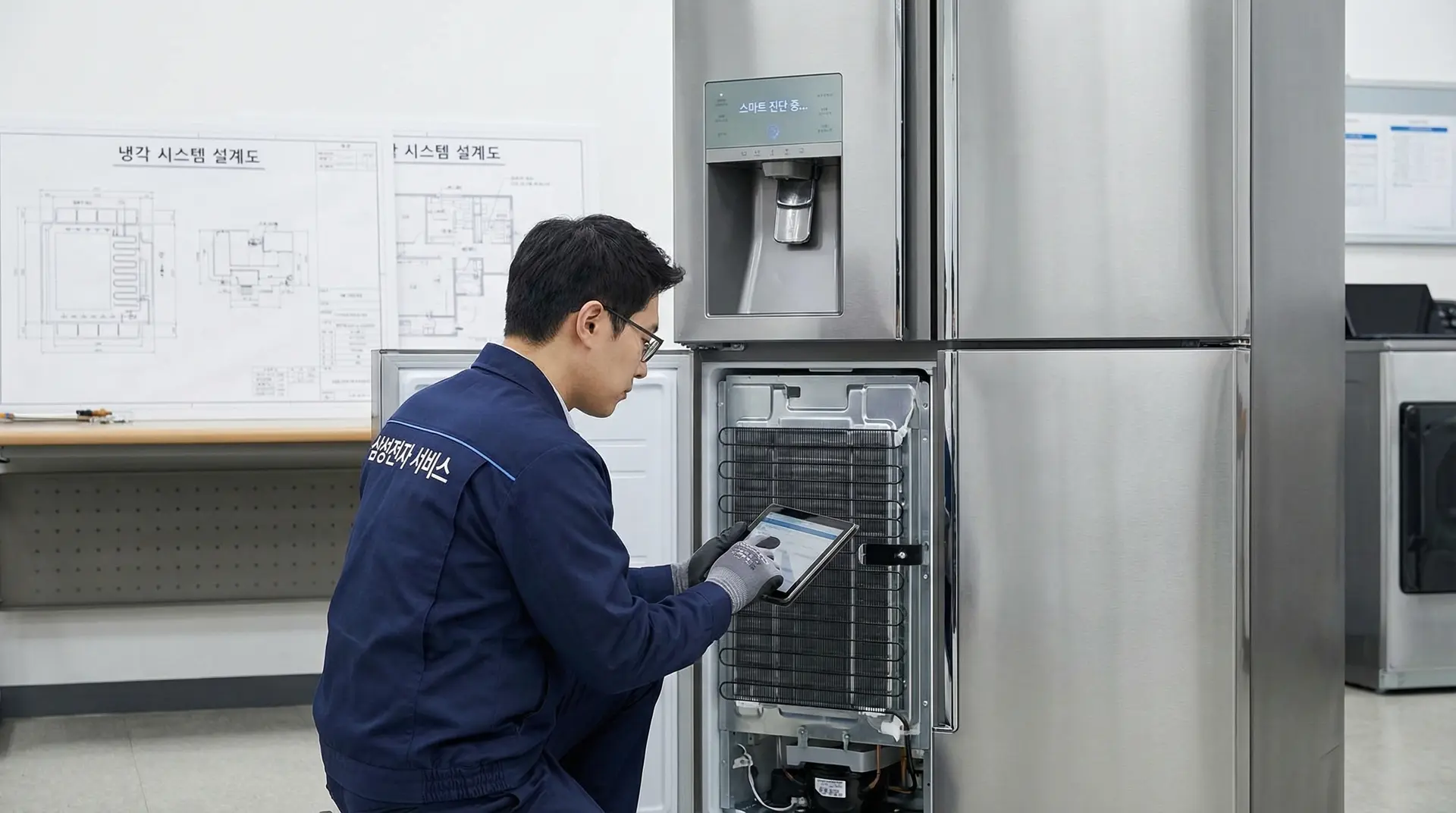 전문 엔지니어가 쇼케이스의 내부 설계를 꼼꼼하게 점검하는 모습