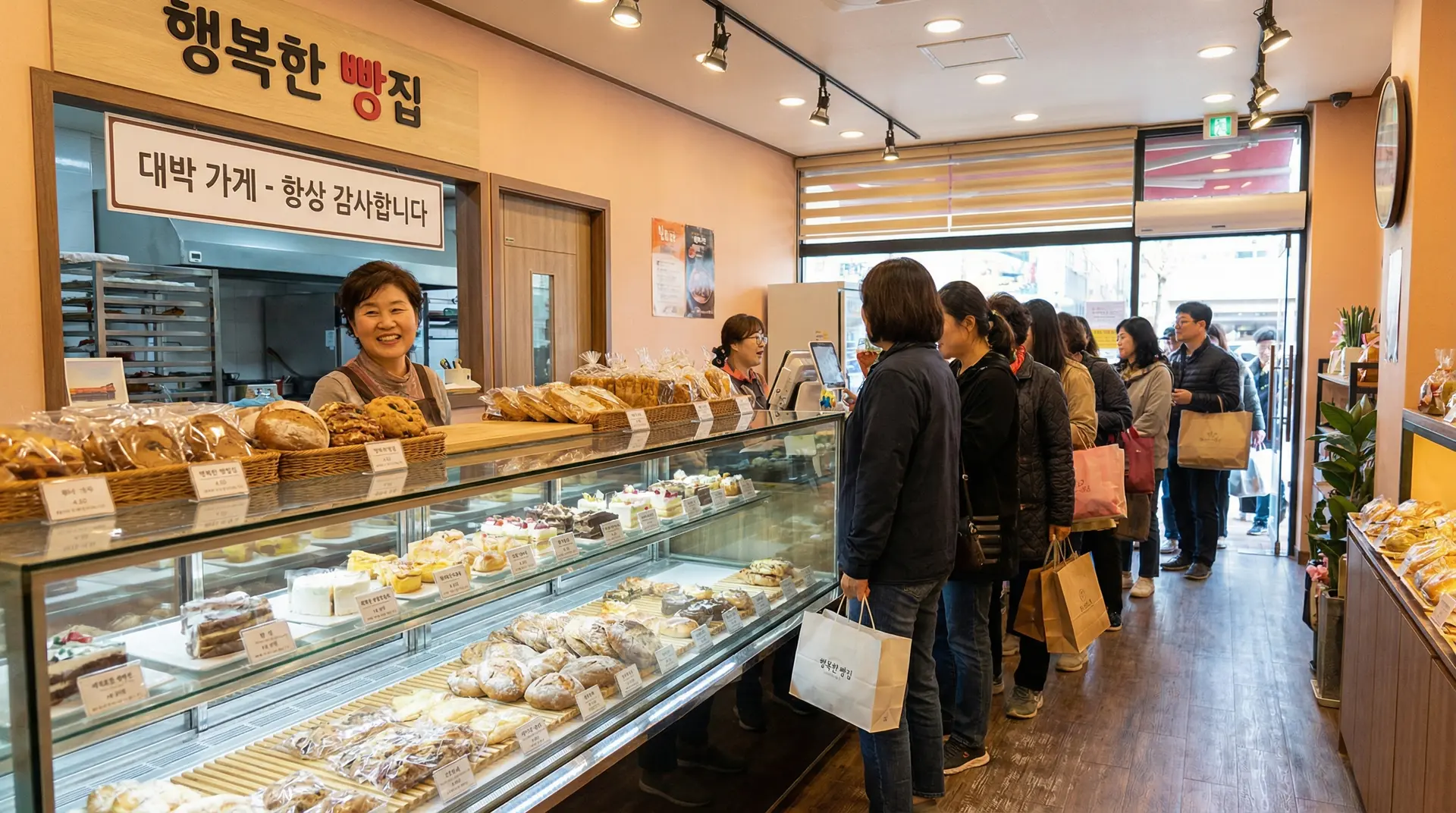 길게 늘어선 줄 앞으로 사장님이 밝게 웃으며 손님을 맞이하는 풍경