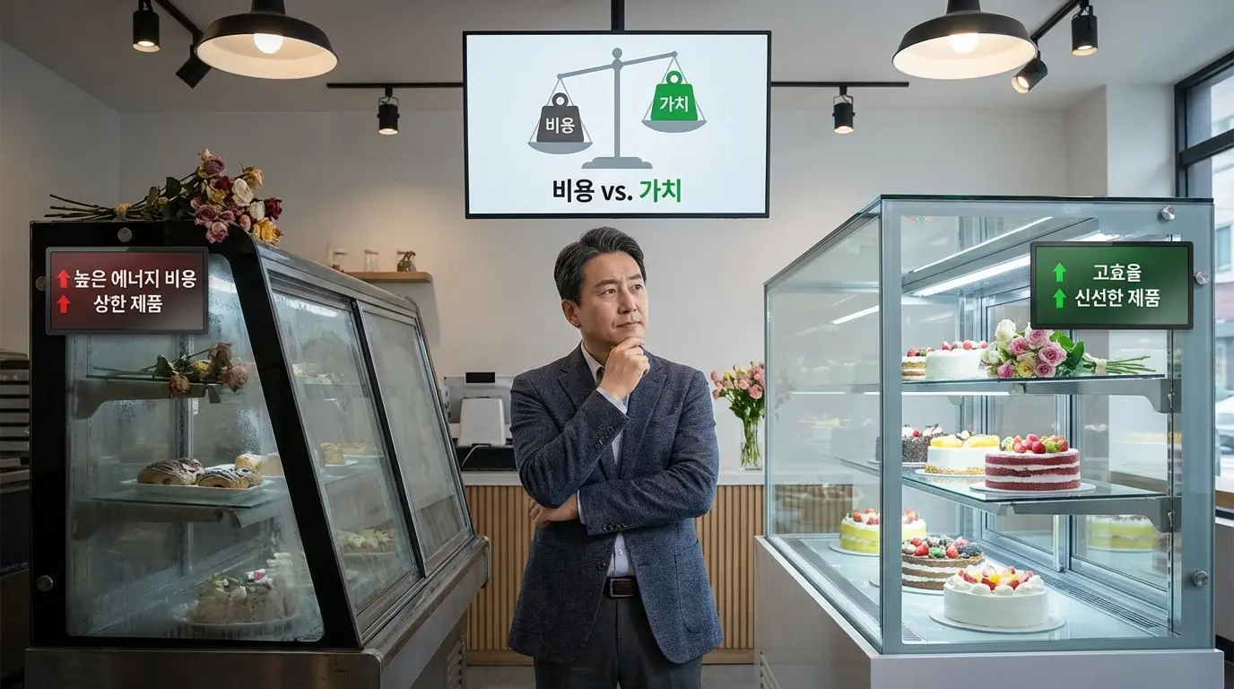 기존의 낡고 시끄러운 쇼케이스와 새롭고 조용한 쇼케이스 사이에서 수익을 계산중인 모습