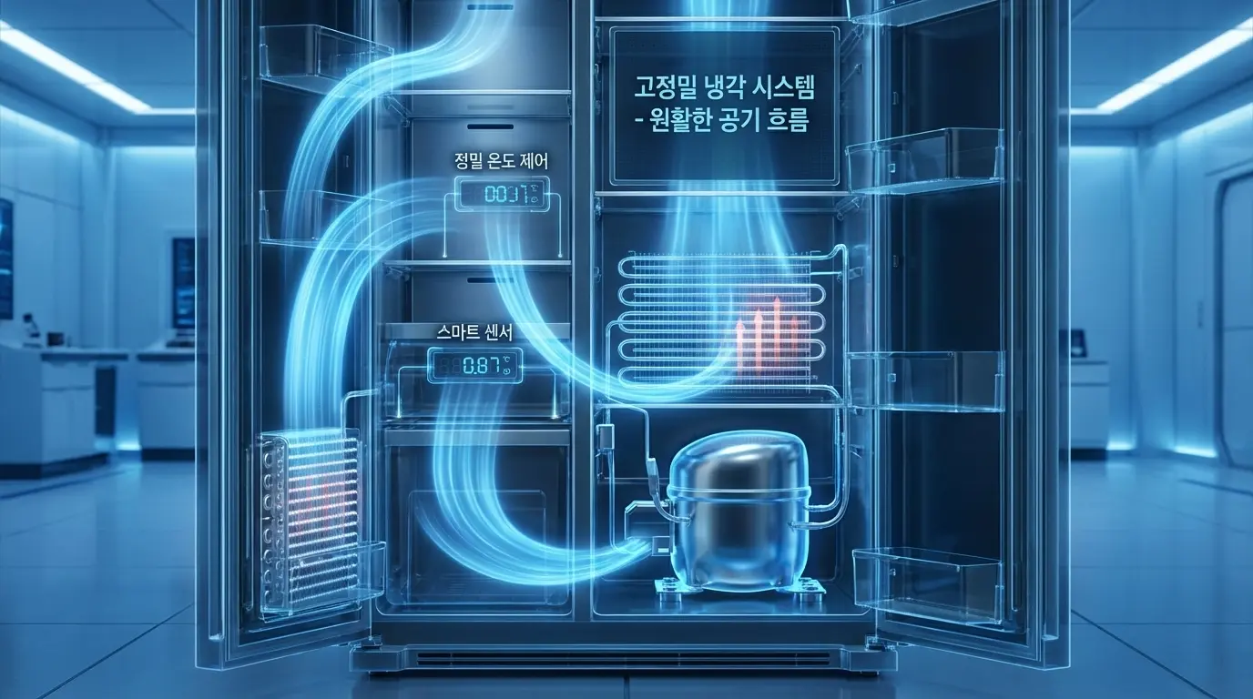 쇼케이스 내부의 정밀한 냉각 시스템과 기류가 흐르는 모습