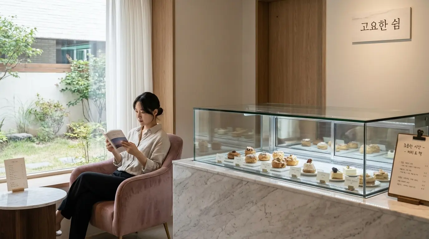 조용한 분위기의 카페에서 소음 없이 완벽하게 작동하는 쇼케이스 옆에 앉아 책을 읽는 손님의 모습