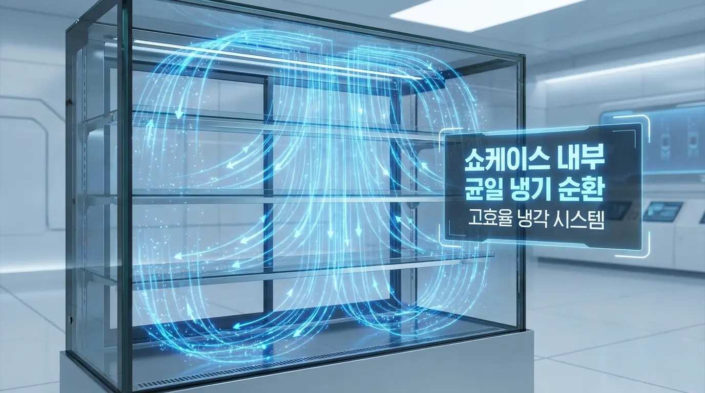 냉기가 구석구석 균일하게 전달되는 쇼케이스 내부의 냉기 흐름을 시각화한 그래픽