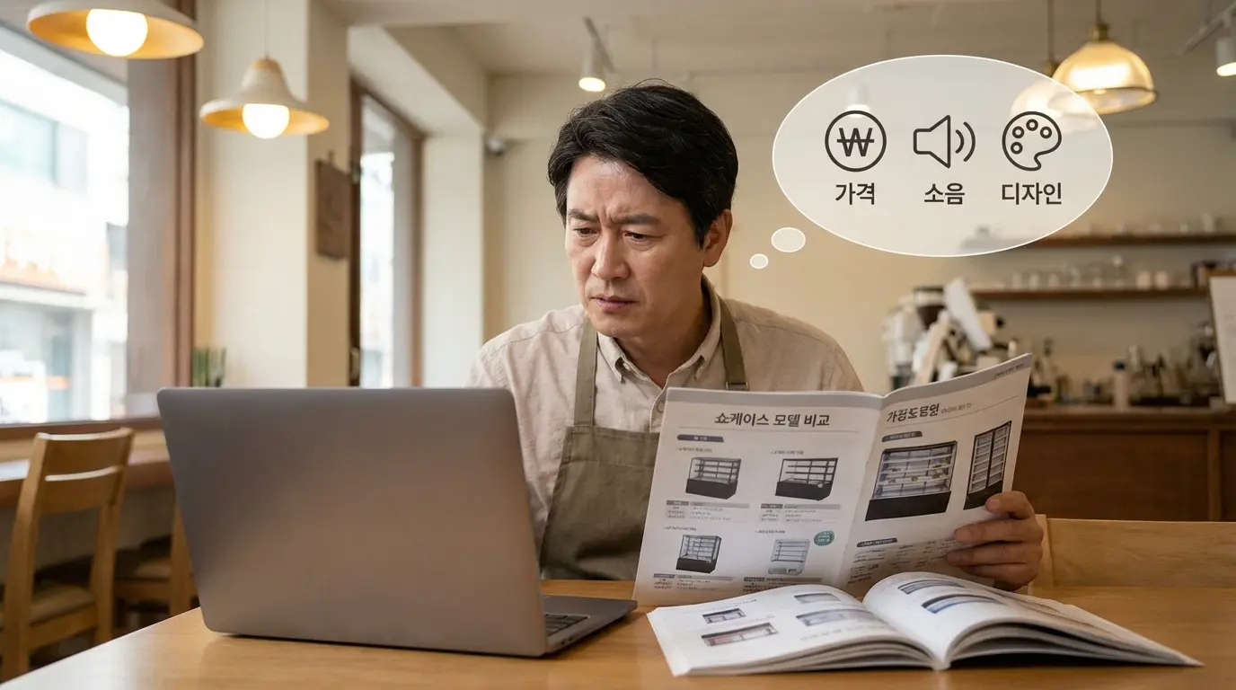 가격, 소음, 디자인을 고민하며 카탈로그로 여러 쇼케이스를 비교하는 모습