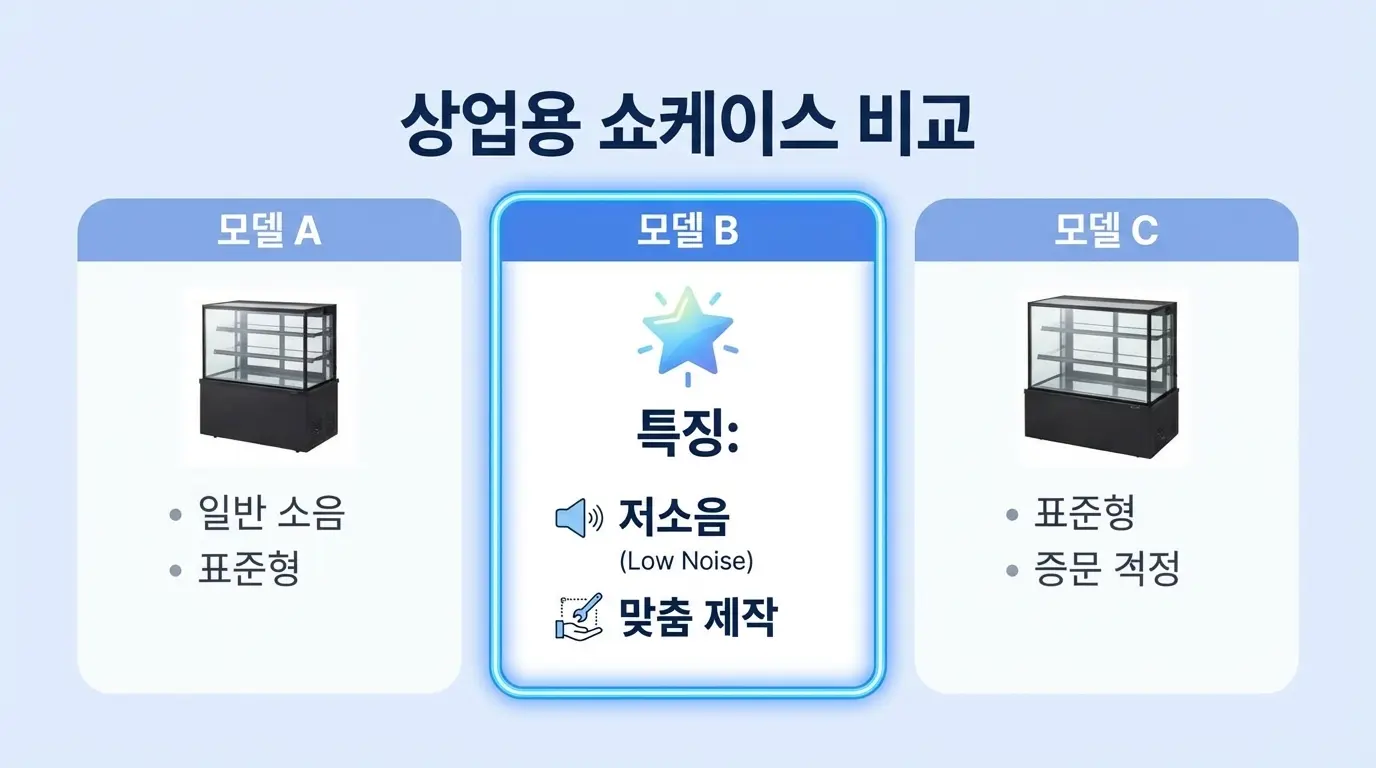 한성쇼케이스의 '저소음'과 '맞춤 제작' 제품을 포함한 세 브랜드의 쇼케이스 특징 비교