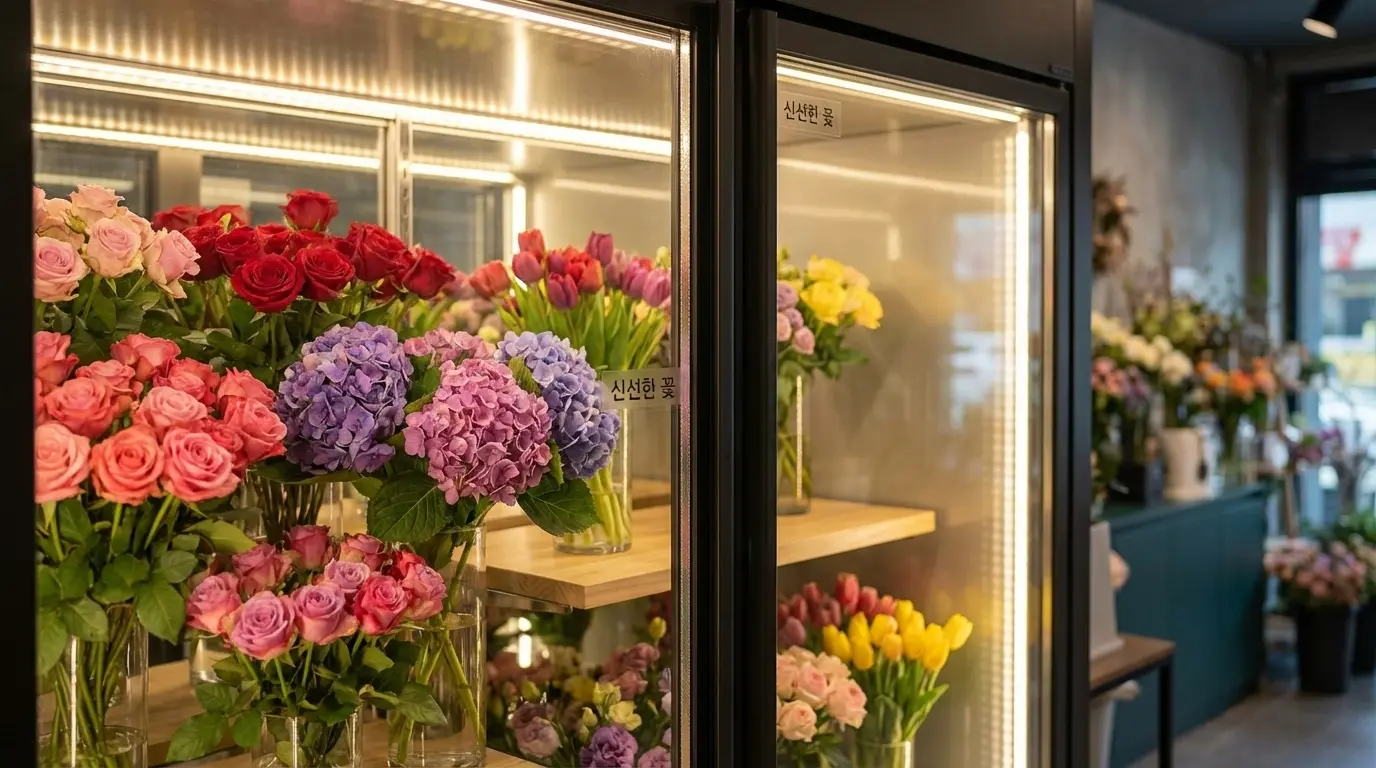 결로 없는 쇼케이스 안의 꽃들이 아주 생생하게 피어 있는 모습