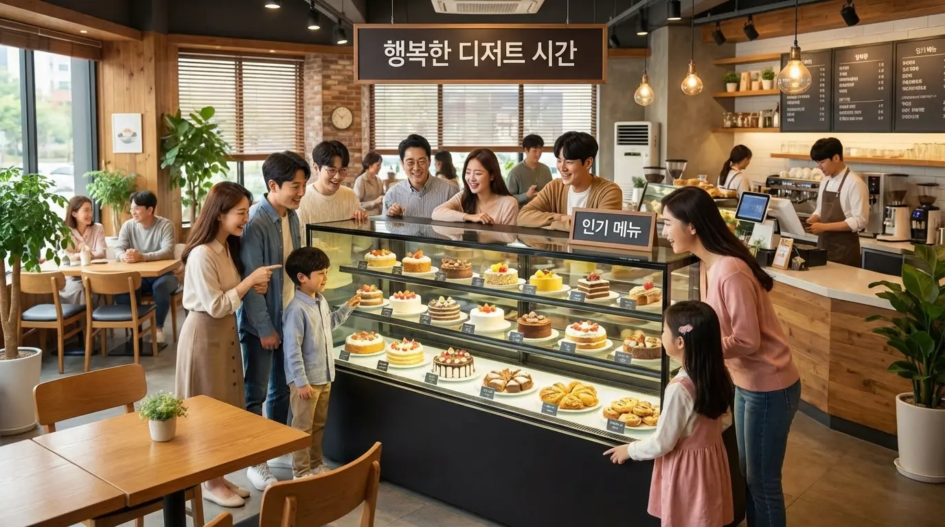 카페 한복판에 설치된 한성쇼케이스 앞에 고객들이 줄을 서서 제품을 구경하고 구매하는 활기찬 모습