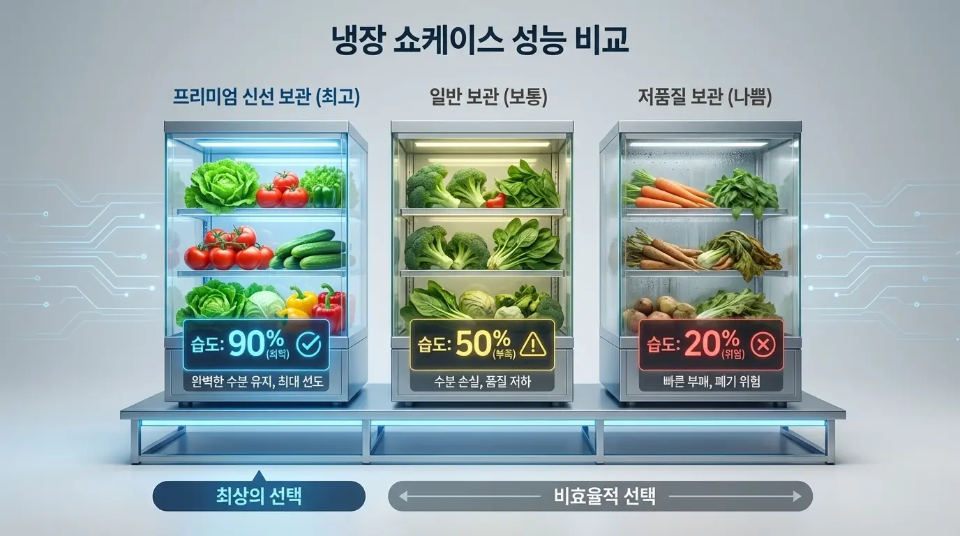 세 개의 쇼케이스 내부 습도와 신선도를 비교