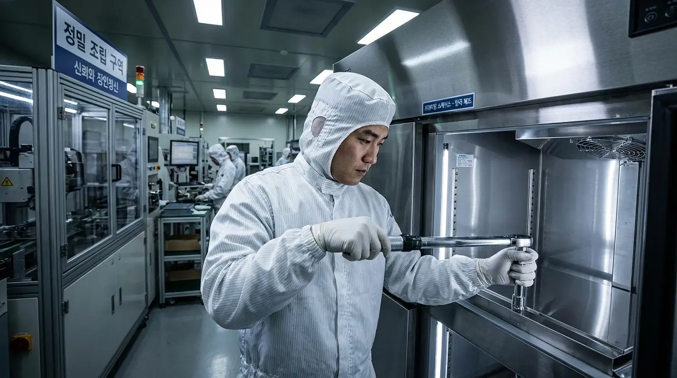 숙련된 엔지니어가 쇼케이스의 미세한 부품을 정교하게 조립하는 모습