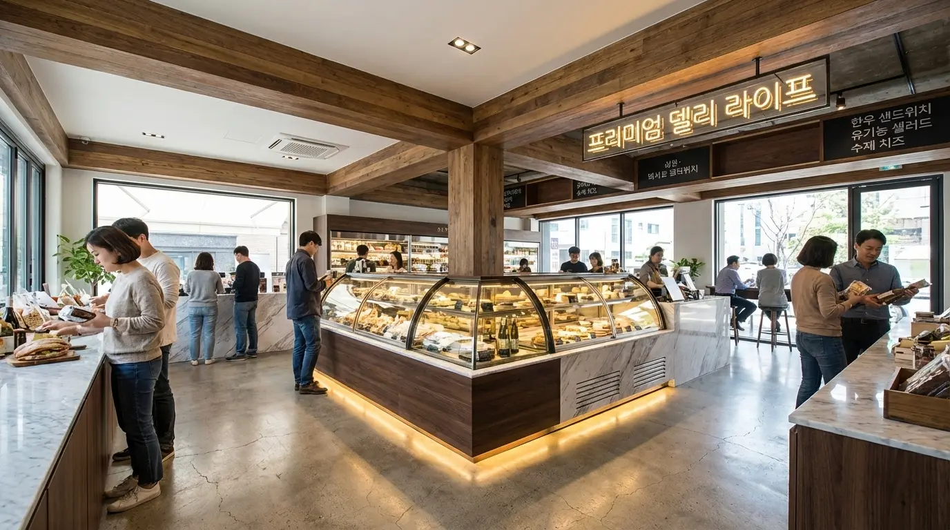 세련된 인테리어의 반찬 가게 중앙에 배치된 커스텀 쇼케이스