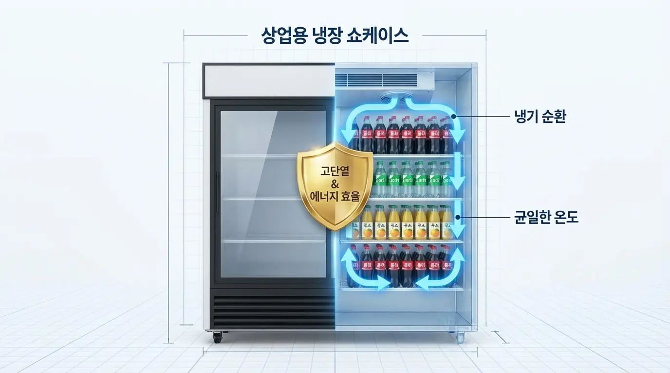 쇼케이스 내부의 냉기가 순환하는 흐름을 보여주는 투시 이미지