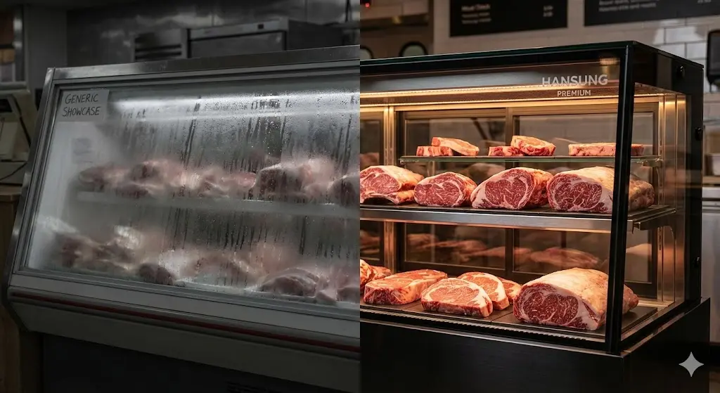 "유리에 안개가 낀 일반 정육 쇼케이스와 결로 없이 투명함을 유지하는 한성쇼케이스의 기술력을 비교한 분할 화면 이미지"