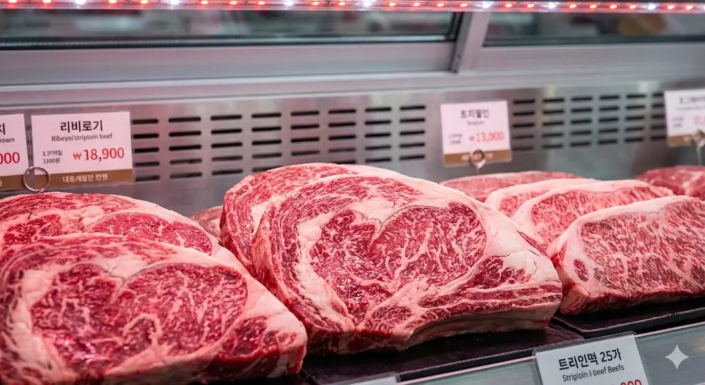 "정육 전용 특수 LED 조명이 소고기의 선홍빛 육색과 마블링을 선명하게 강조하여 시각적 효과를 극대화하는 상세 사진"