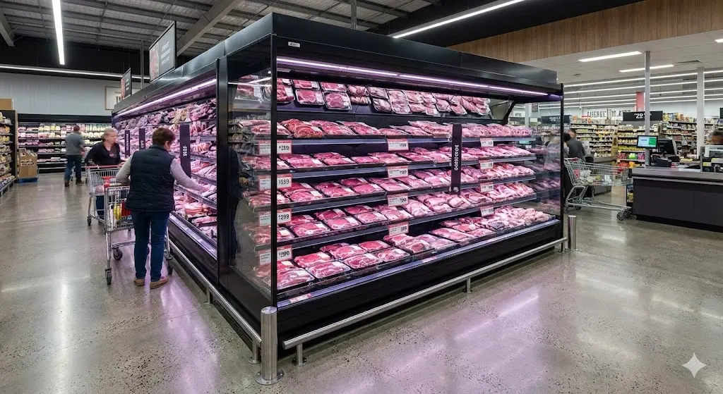 "정육식당 및 마트 동선에 최적화된 시인성이 뛰어난 오픈형 셀프 정육 쇼케이스 시공 사례 및 진열 모습"