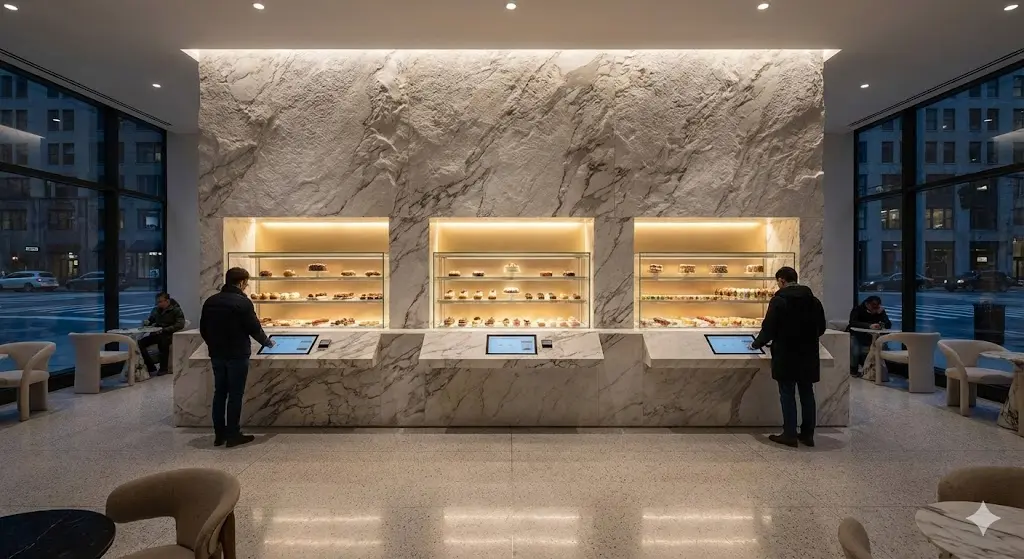 매장 벽면 인테리어와 일체화된 빌트인 스타일의 제과쇼케이스 설치 사례