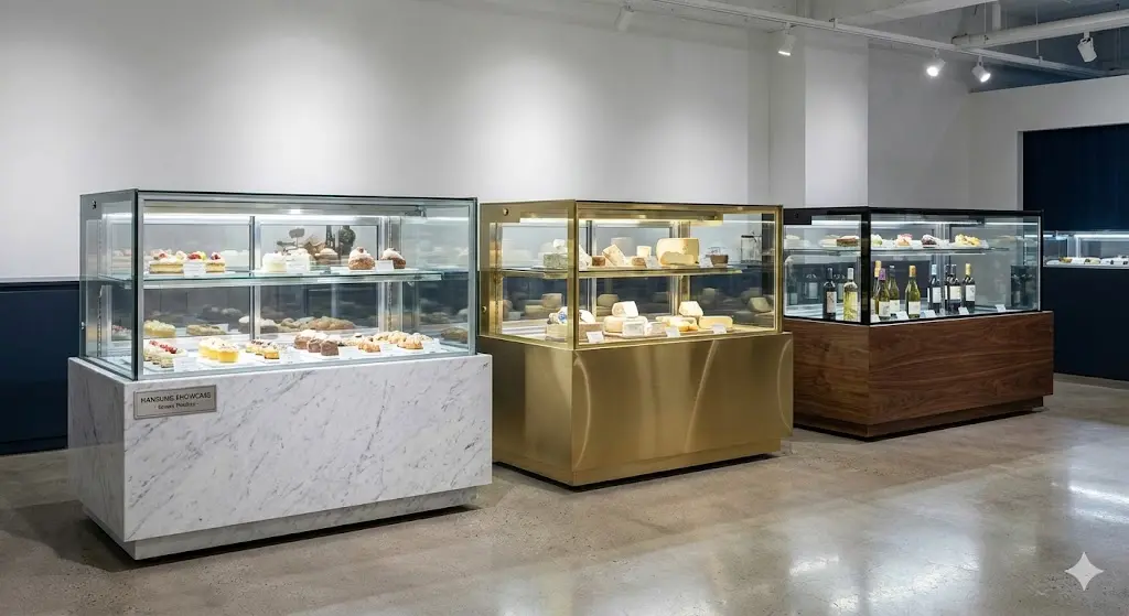 대리석, 골드 스텐 등 다양한 소재로 제작된 맞춤형 제과쇼케이스들