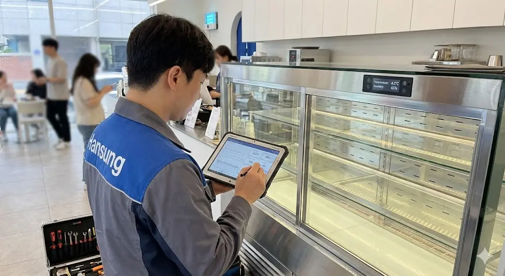 전문가가 제과쇼케이스의 스마트 제어 시스템을 정밀 점검하는 현장 모습