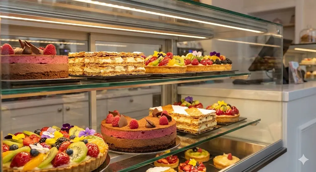 고성능 전용 조명 아래 진열된 먹음직스러운 조각 케이크와 타르트 상세 사진