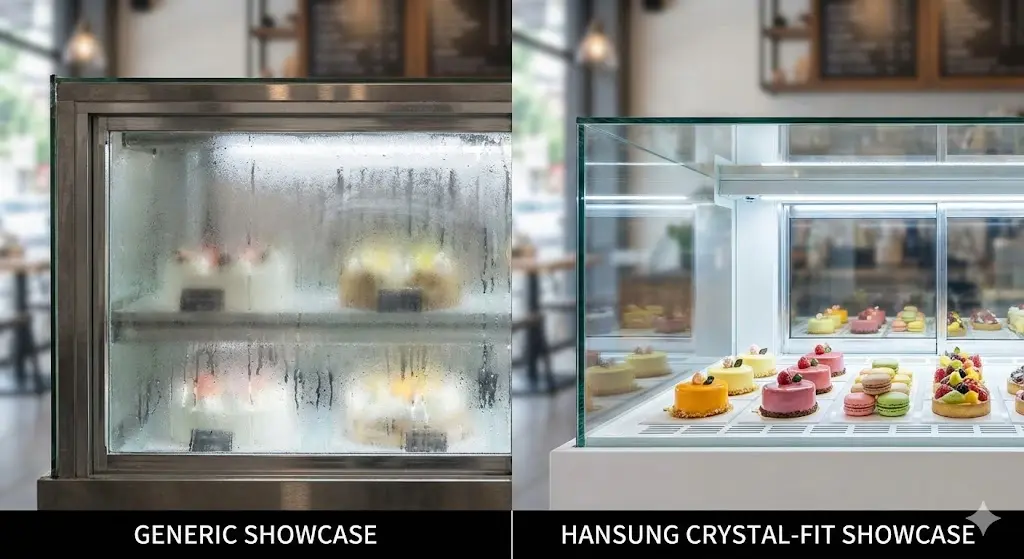 일반 쇼케이스와 국내 선두 브랜드 쇼케이스의 결로 방지 기술 비교 이미지