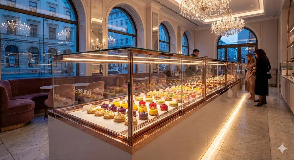 로즈골드 프레임의 프리미엄 제과쇼케이스가 설치된 고급스러운 디저트 카페 전경