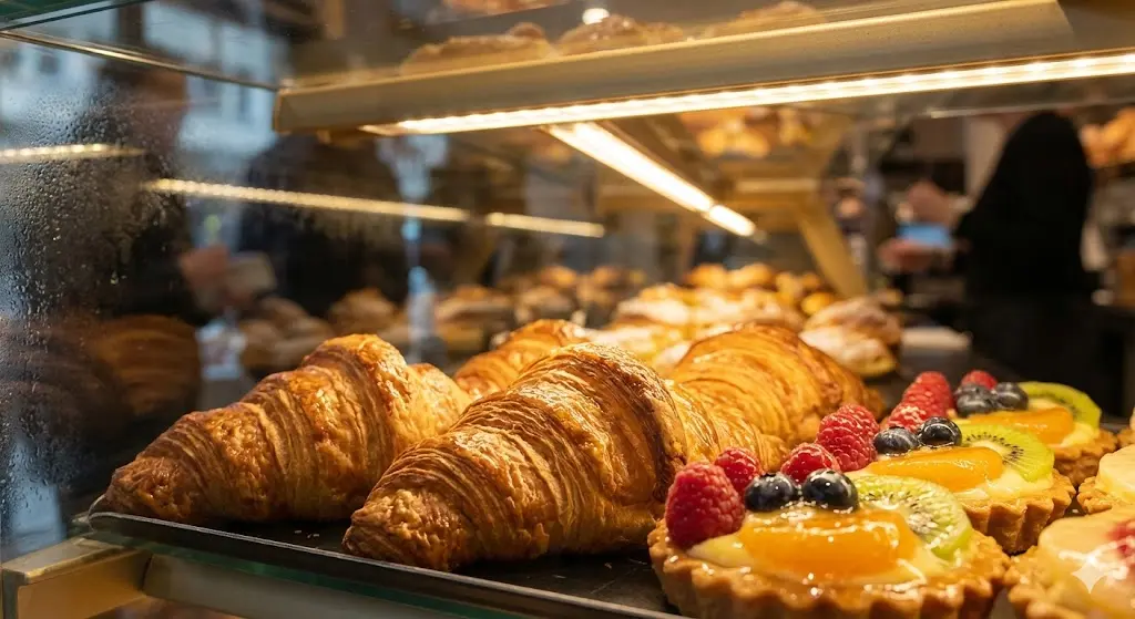 고성능 전용 조명 아래 진열된 먹음직스러운 빵 상세 사진