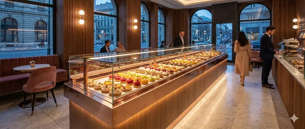 로즈골드 프레임의 프리미엄 베이커리 쇼케이스가 설치된 고급스러운 디저트 카페 전경