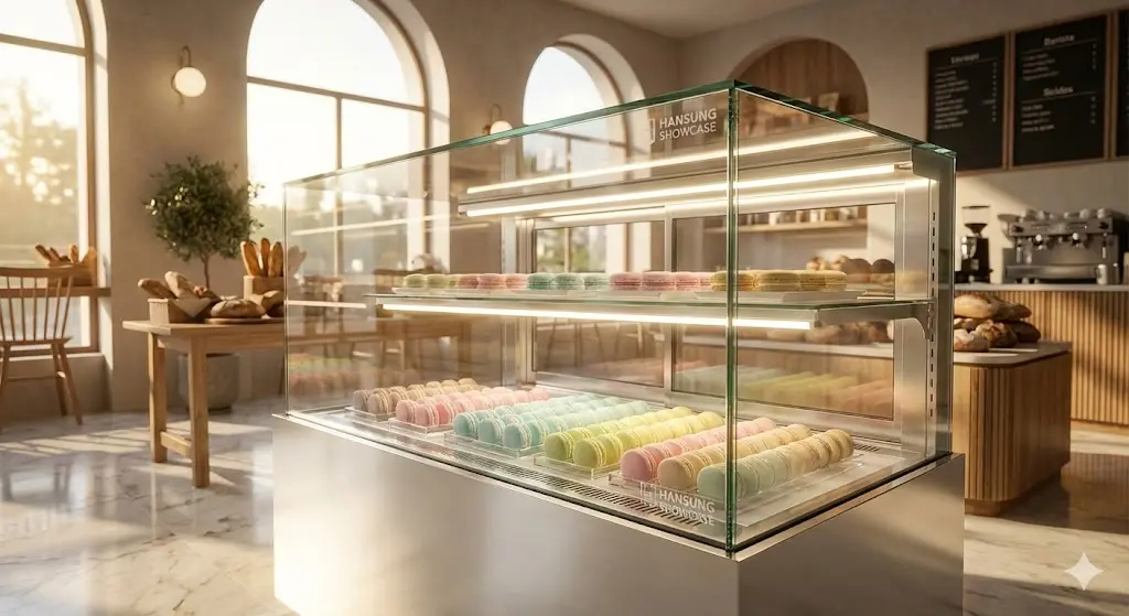 세련되고 현대적인 베이커리 카페 인테리어의 중심에 배치된 프리미엄 업소용냉장쇼케이스. 투명한 유리 선반 위로 화려한 색감의 마카롱과 디저트들이 진열되어 있으며, 따스한 햇살과 쇼케이스 내부의 은은한 LED 조명이 어우러져 고급스러운 분위기를 연출함.