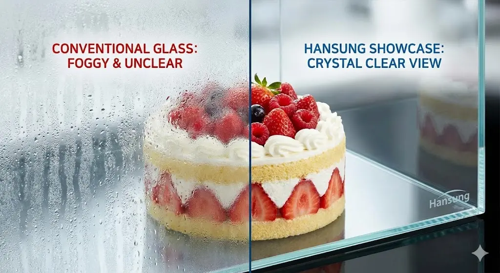 일반 업소용냉장쇼케이스와 결로 방지 기술이 적용된 한성쇼케이스의 유리 표면 비교 클로즈업 사진. 왼쪽은 습기와 물방울로 내부가 뿌옇게 흐려진 모습이며, 오른쪽은 한성쇼케이스의 특수 가열 유리 기술로 결로 없이 완벽하게 투명한 상태에서 신선한 딸기 케이크가 선명하게 노출되는 모습을 대조함.