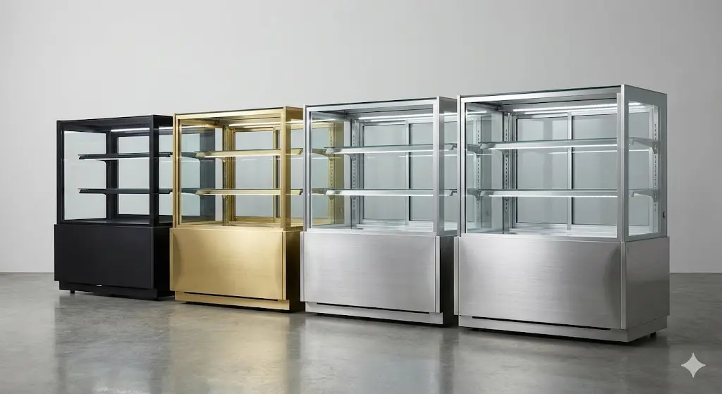 미니멀한 스튜디오 배경에 나열된 한성쇼케이스의 다양한 컬러 라인업. 세련된 블랙, 고급스러운 골드, 현대적인 실버 마감의 업소용냉장쇼케이스들이 전시되어 있으며, 프리미엄 소재의 질감과 견고한 디자인을 강조함.