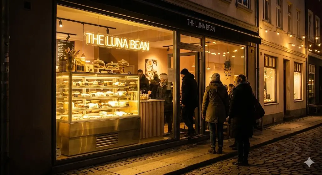 밤 시간대 외부에서 바라본 아늑하고 아름다운 카페의 전경. 매장 중심에 설치된 한성쇼케이스의 고휘도 LED 조명이 따뜻하고 화려하게 빛나며, 길가는 행인들의 시선을 사로잡는 매력적인 매장 분위기를 연출함.