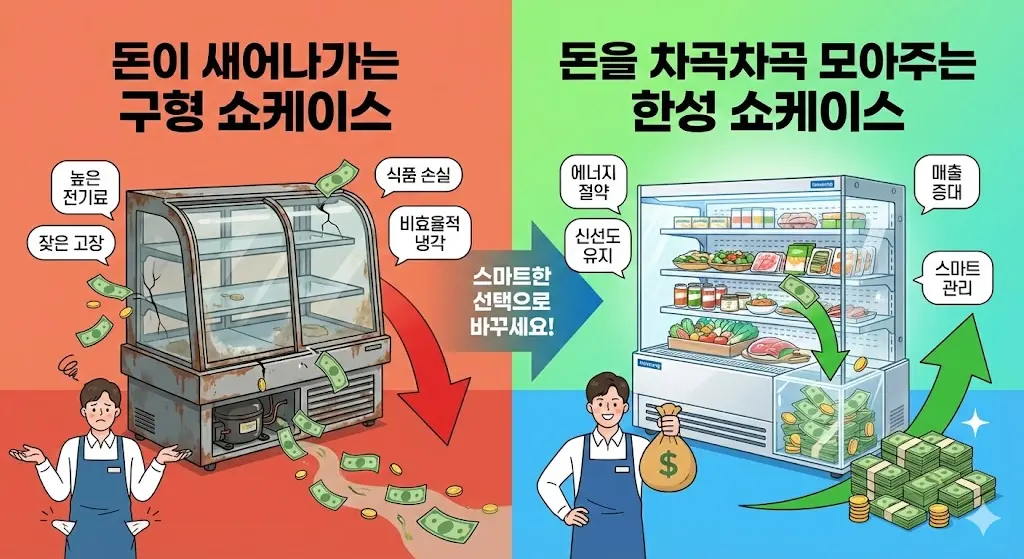 "돈이 새어나가는 구형 쇼케이스 vs 돈을 차곡차곡 모아주는 한성 쇼케이스" 컨셉의 인포그래픽 이미지