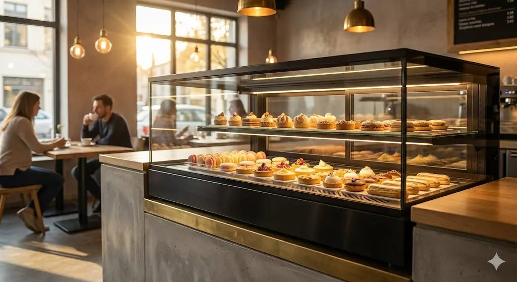고급스러운 베이커리 카페 내부에 설치된 맞춤형 한성쇼케이스 브랜드 제품