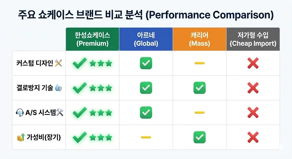 한성쇼케이스, 아르네, 캐리어 등 주요 쇼케이스 브랜드별 핵심 사양 비교표 인포그래픽