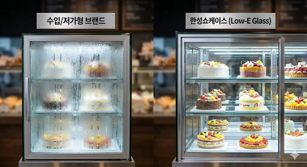 일반 쇼케이스의 심한 결로 현상과 한성쇼케이스의 선명한 유리 비교 사진