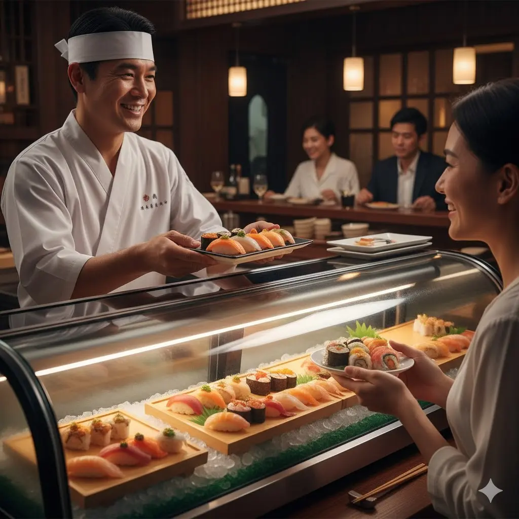 한성쇼케이스를 선택해 만족하는 스시 레스토랑 점주 사진