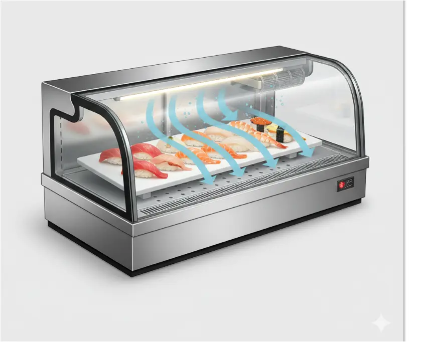 초밥쇼케이스 수분 보존 기술 및 냉기 순환 원리 도식