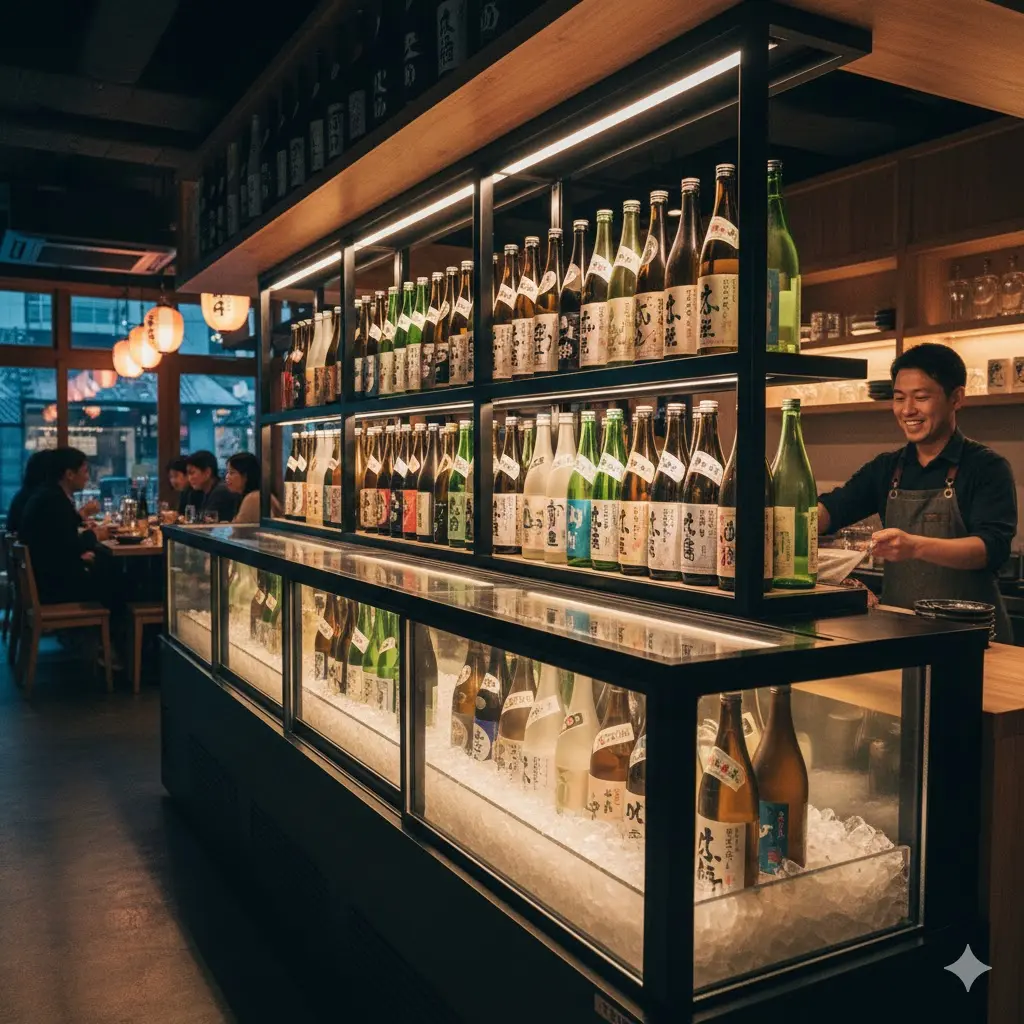 이자카야용 맞춤형 술냉장고 및 사케 쇼케이스