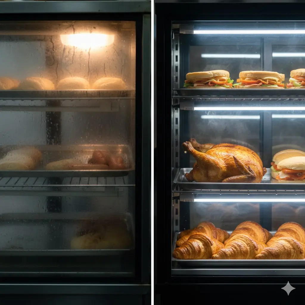 저가형 수입 쇼케이스와 프리미엄 냉장쇼케이스 성능 비교 시각 자료.