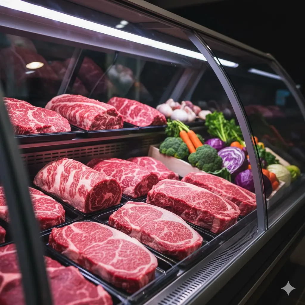 신선식품의 선명도를 높여주는 냉장쇼케이스 전용 LED 조명 효과.