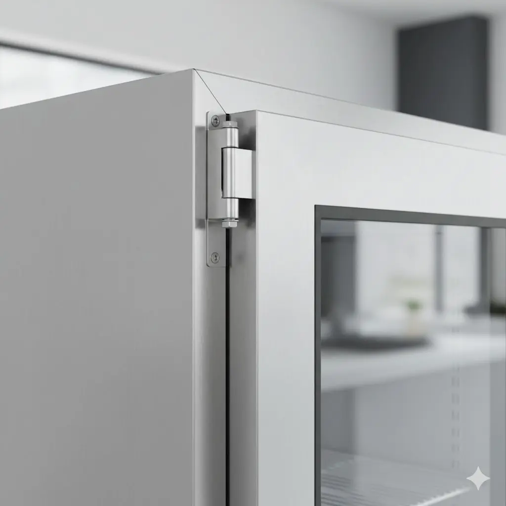 내구성이 뛰어난 스테인리스 소재의 냉장쇼케이스 프레임 디테일.