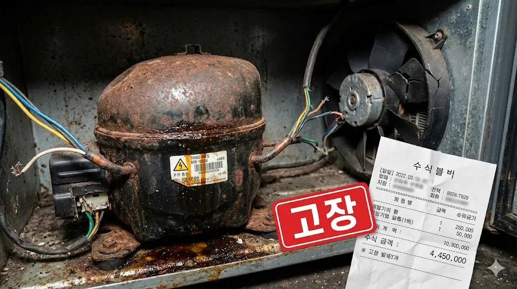 저가형 냉장고의 부식된 콤프레셔와 고장 수리비 영수증