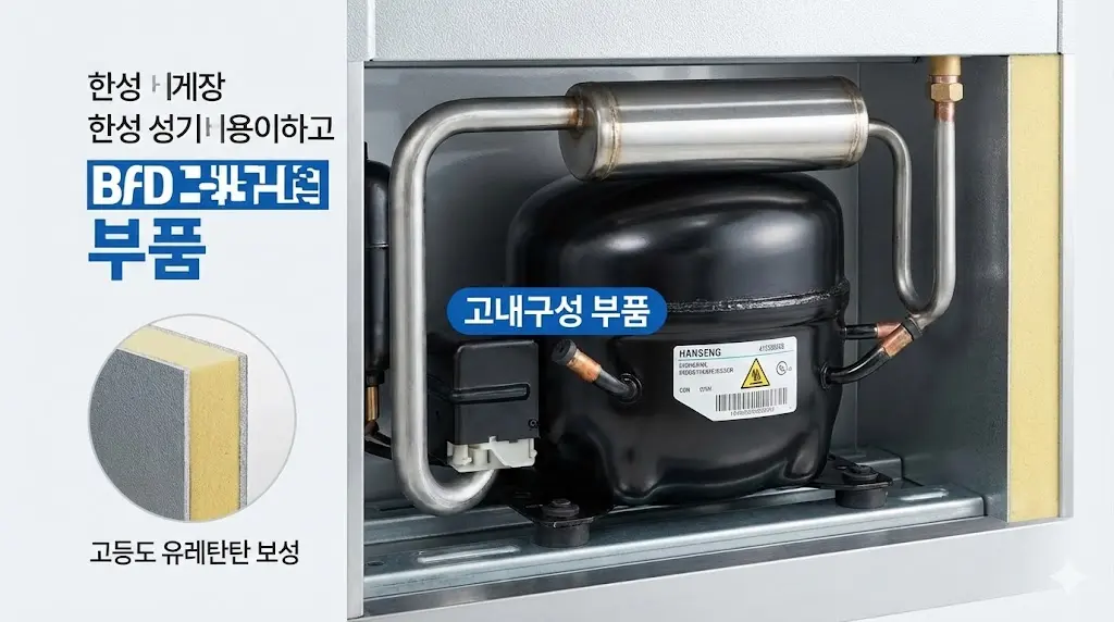 한성쇼케이스의 고내구성 산업용 콤프레셔와 고밀도 단열재 기술