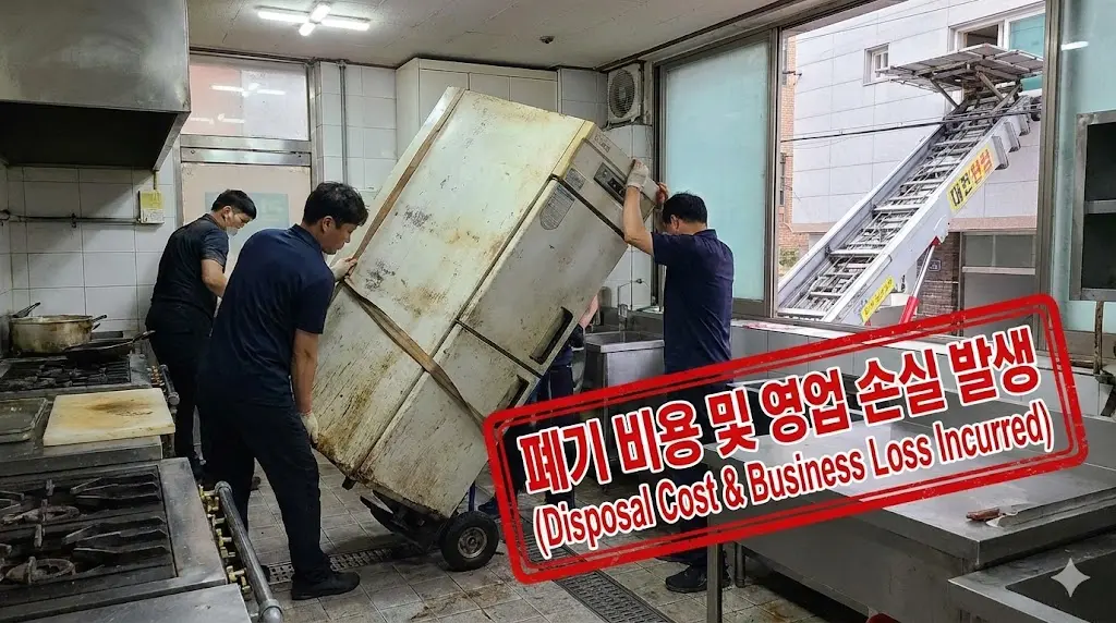 업소용 냉장고 폐기를 위해 사다리차와 인력을 동원하는 번거로운 과정