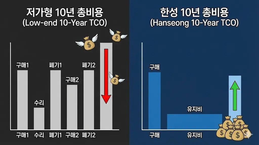 저가형 냉장고와 한성쇼케이스의 10년 총 소유 비용(TCO) 비교 그래프