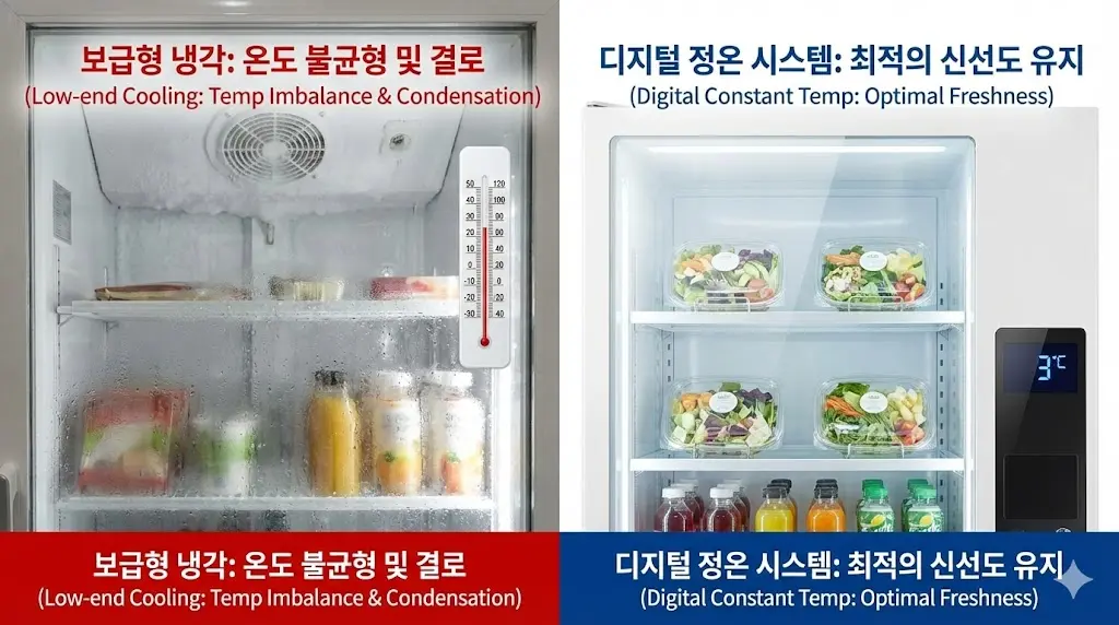 보급형 냉각의 온도 불균형 및 결로 현상과 디지털 정온 시스템의 최적 신선도 유지 비교 이미지
