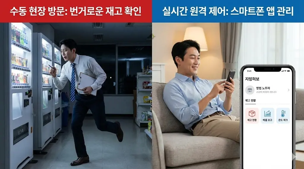 수동 현장 방문의 번거로움과 실시간 원격 제어 스마트폰 앱 관리의 편리함 비교 이미지