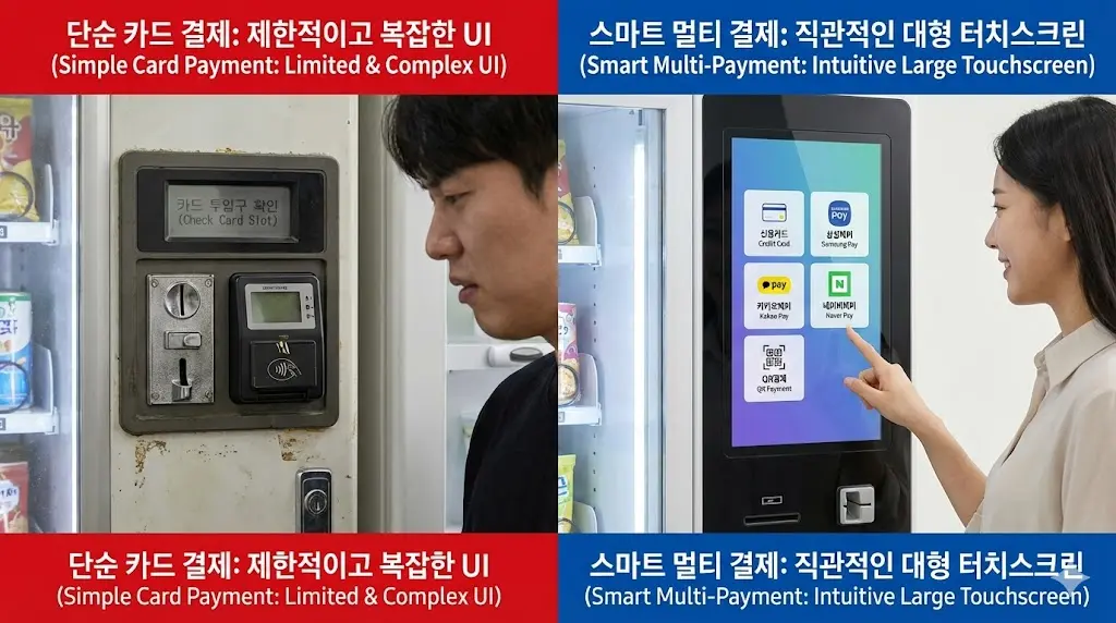 단순 카드 결제의 제한적인 UI와 스마트 멀티 결제의 직관적인 대형 터치스크린 비교 이미지