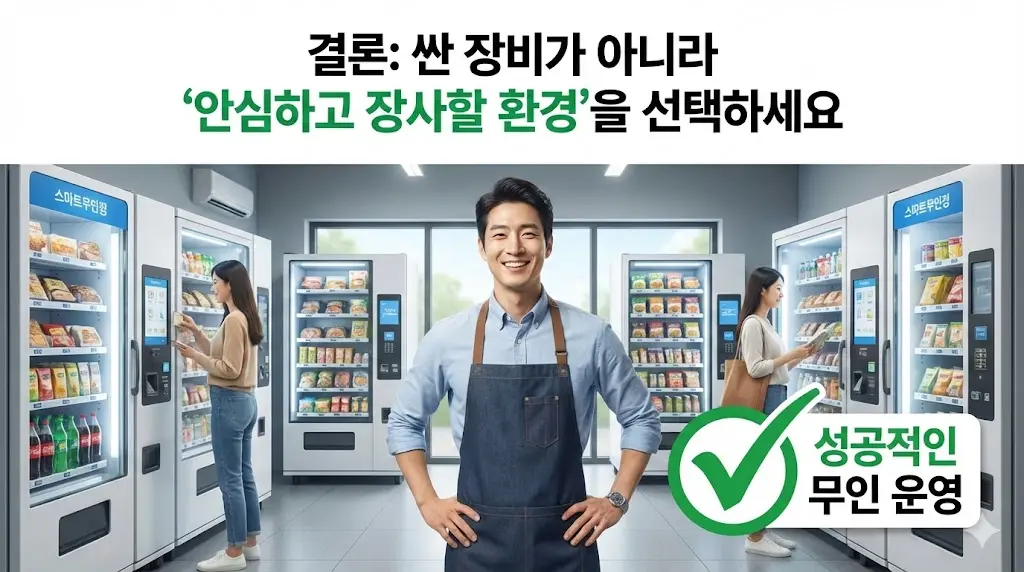 스마트 냉장자판기 도입으로 안심하고 성공적인 무인 매장을 운영하는 사장님의 모습