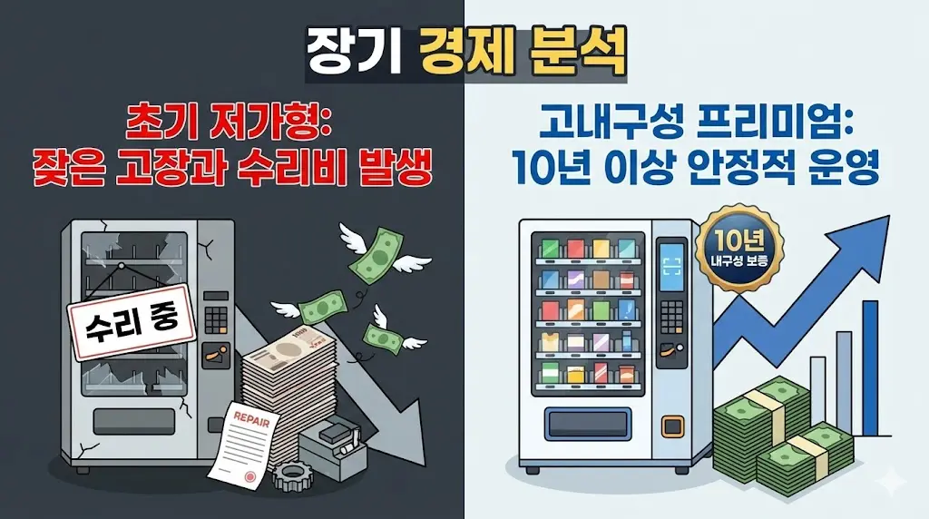 초기 저가형의 잦은 고장 및 수리비 발생과 고내구성 프리미엄의 장기적 경제성 비교 인포그래픽